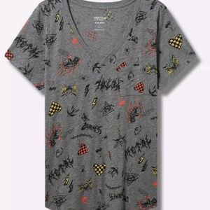 5x Plus Size New Torrid Gray Slub T-shirt Gothic Graffiti Doodles Print Skulls